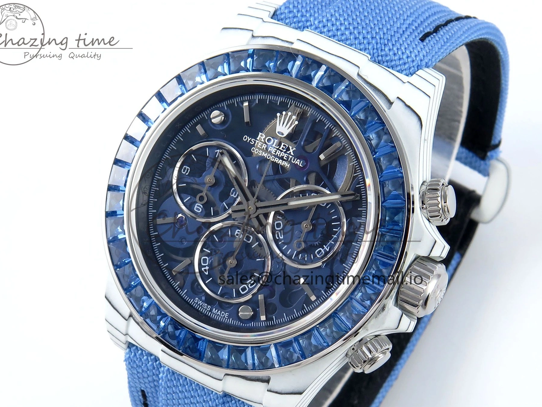 0501 Daytona ZIF REMOULD White Carbon GETF Best Edition Blue Skeleton Dial Blue Diamonds Bezel on Blue Nylon Strap DD Fashionable 366